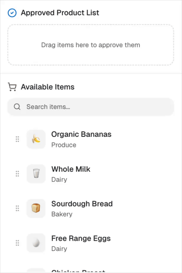 Item-level restriction interface showing approved product lists and available items